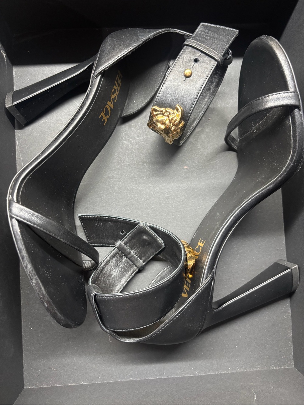 Versace Black Leather Heels with Gold Medusa Accent